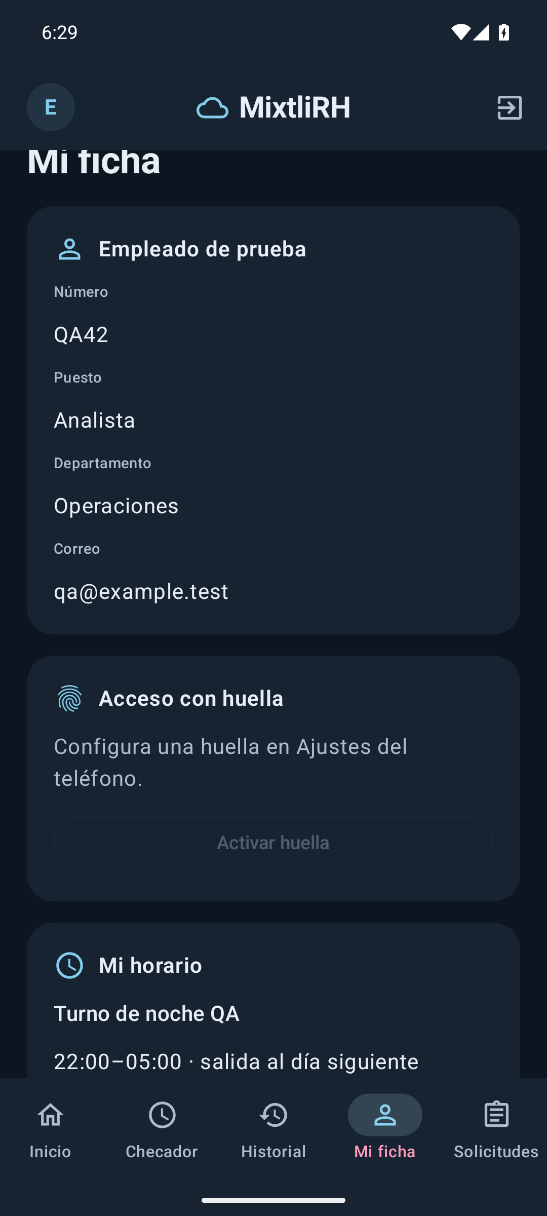 App Android de MixtliRH: ficha del colaborador y horario de trabajo